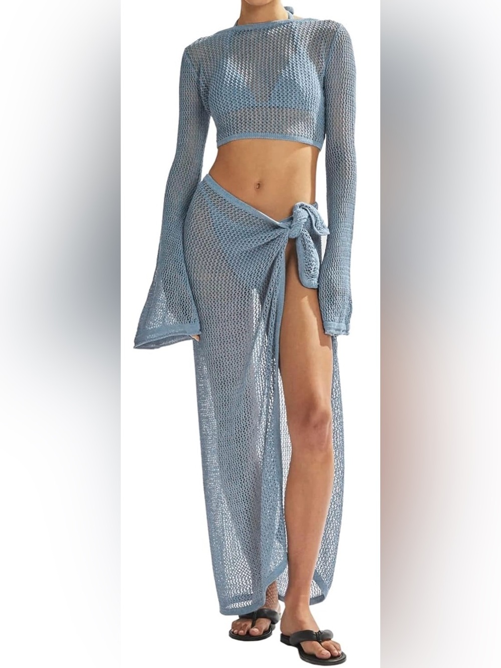 NEW LANNEW Sexy Powder Blue Crocheted 2 Piece Beach Swimsuit Cover-Up Women's L